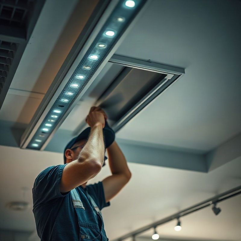 Electricista instalando iluminación LED tipo riel en el cielorraso de un local comercial