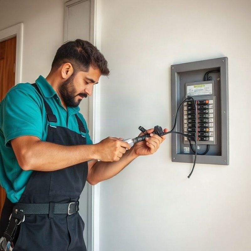 Electricista conectando el cableado de un cargador EV al disyuntor dedicado en un tablero doméstico