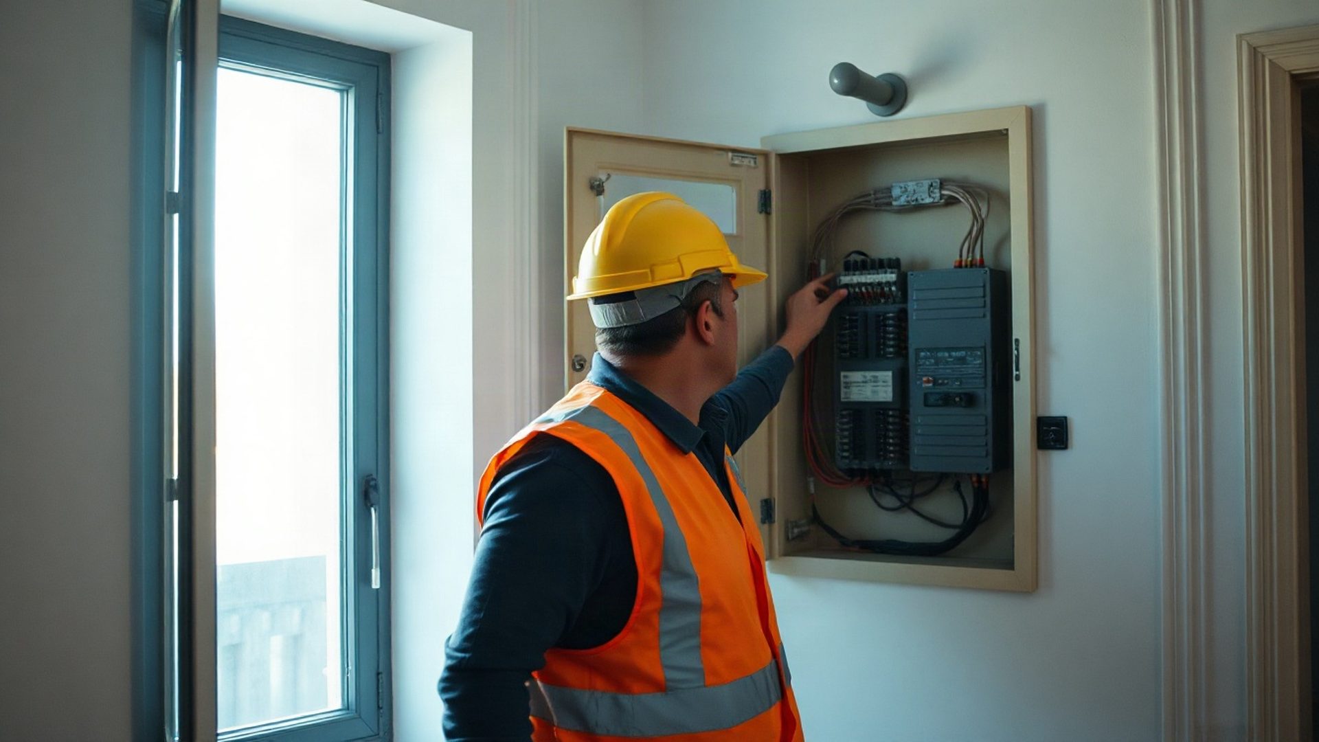 Electricista certificado inspeccionando un tablero de distribución residencial en Rivera