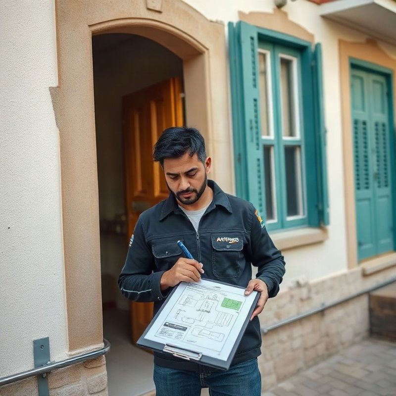 Dos técnicos de Artigasnode revisando un diagrama de cableado en un portapapeles frente a una vivienda