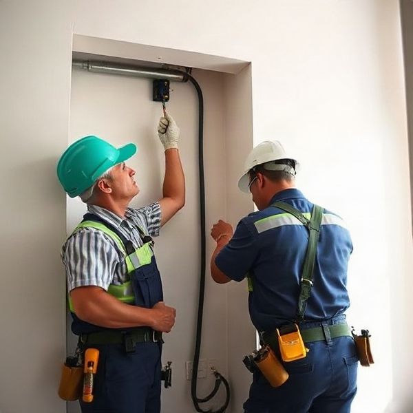 Dos electricistas de Artigasnode pasando conductos por una pared en una vivienda de Rivera