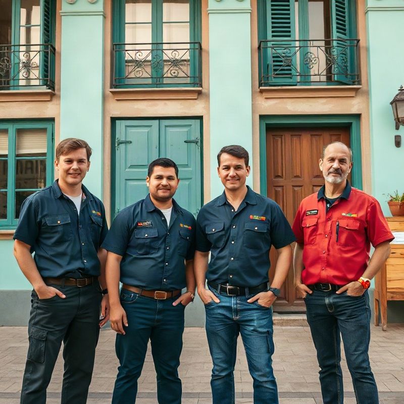 Retrato grupal de cuatro electricistas de Artigasnode frente a una fachada en Rivera